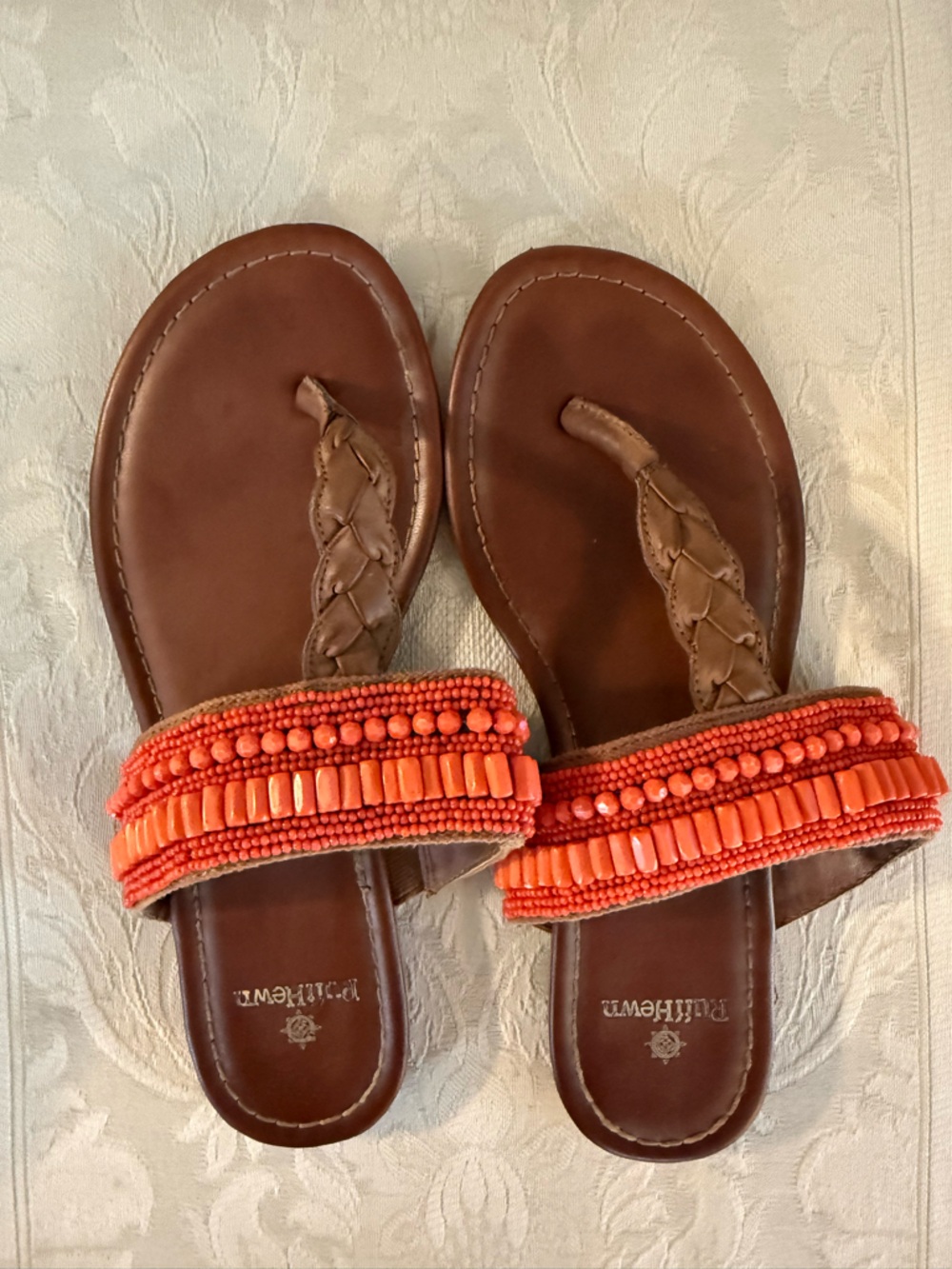 Ruff Hewn Sandals Womens 8 Leather Slides Strappy Slip On Salmon Beads Braid